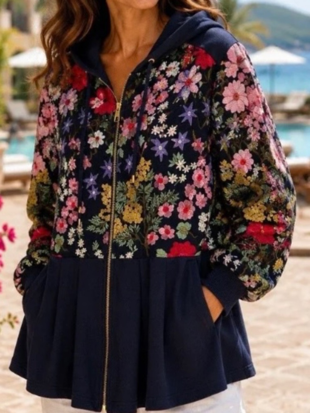 Boston Proper Embroidered Floral Hooded Top Jacket Dress Jumper XS